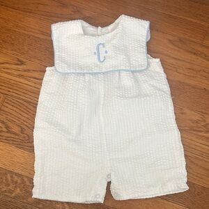 Classic White Baby Boy Bodysuit with Blue Trim “C” monogram